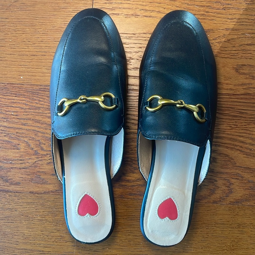 Black Slides with antique/aged gold buckles, Women’s size 8 (or 39)